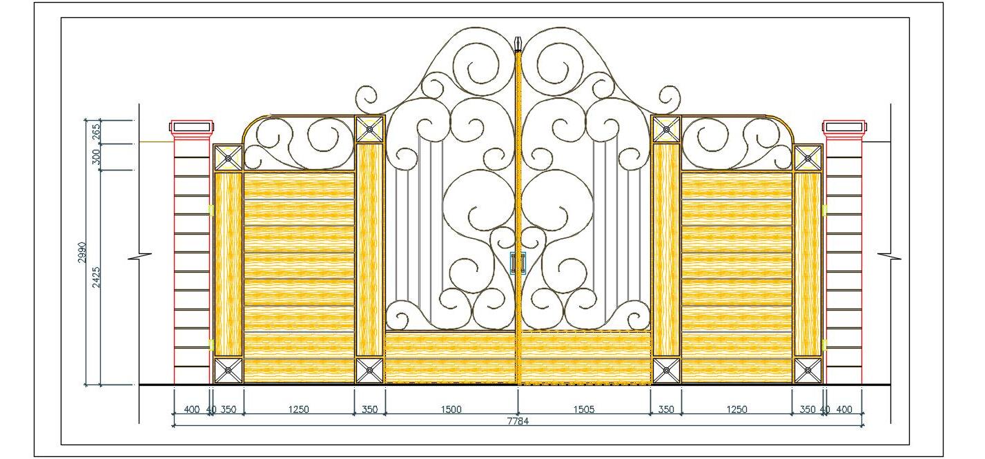 Main Gate CAD Block- Ornamental Design and Wood Paneling